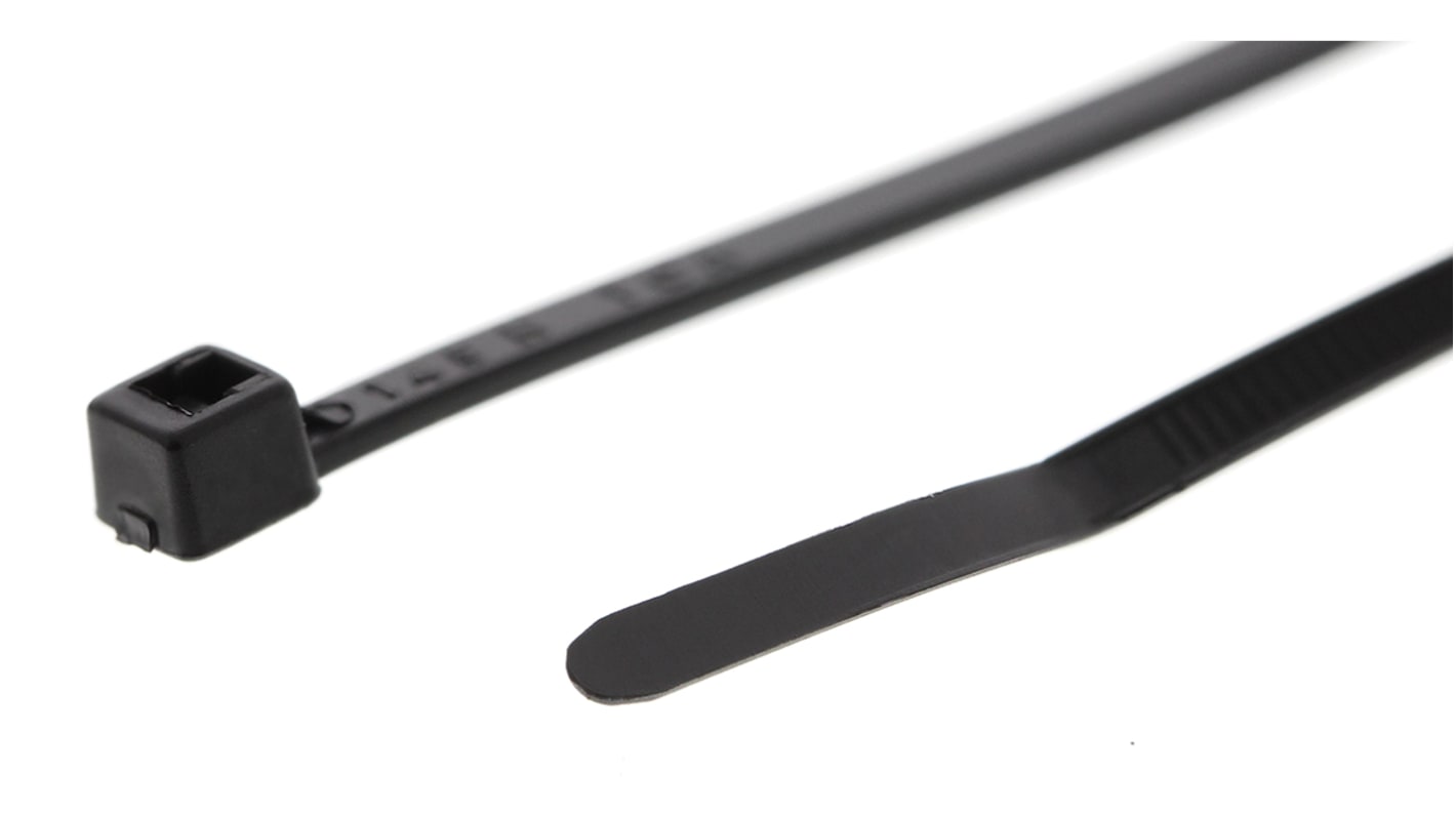 HellermannTyton Cable Tie, Inside Serrated, 100mm x 2.5 mm, Black Polyamide 6.6 (PA66), Pk-100