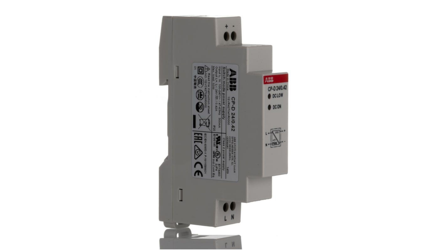 ABB CP-D Switched Mode DIN Rail Power Supply, 100 → 240V ac ac Input, 24V dc dc Output, 420mA Output, 10W