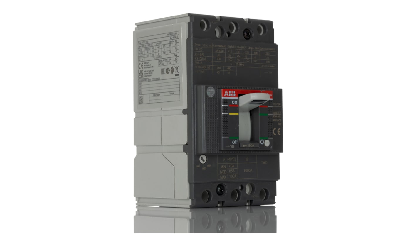 ABB, SACE Tmax XT MCCB Molded Case Circuit Breaker 3P 100A, Breaking Capacity 25 kA, Fixed Mount