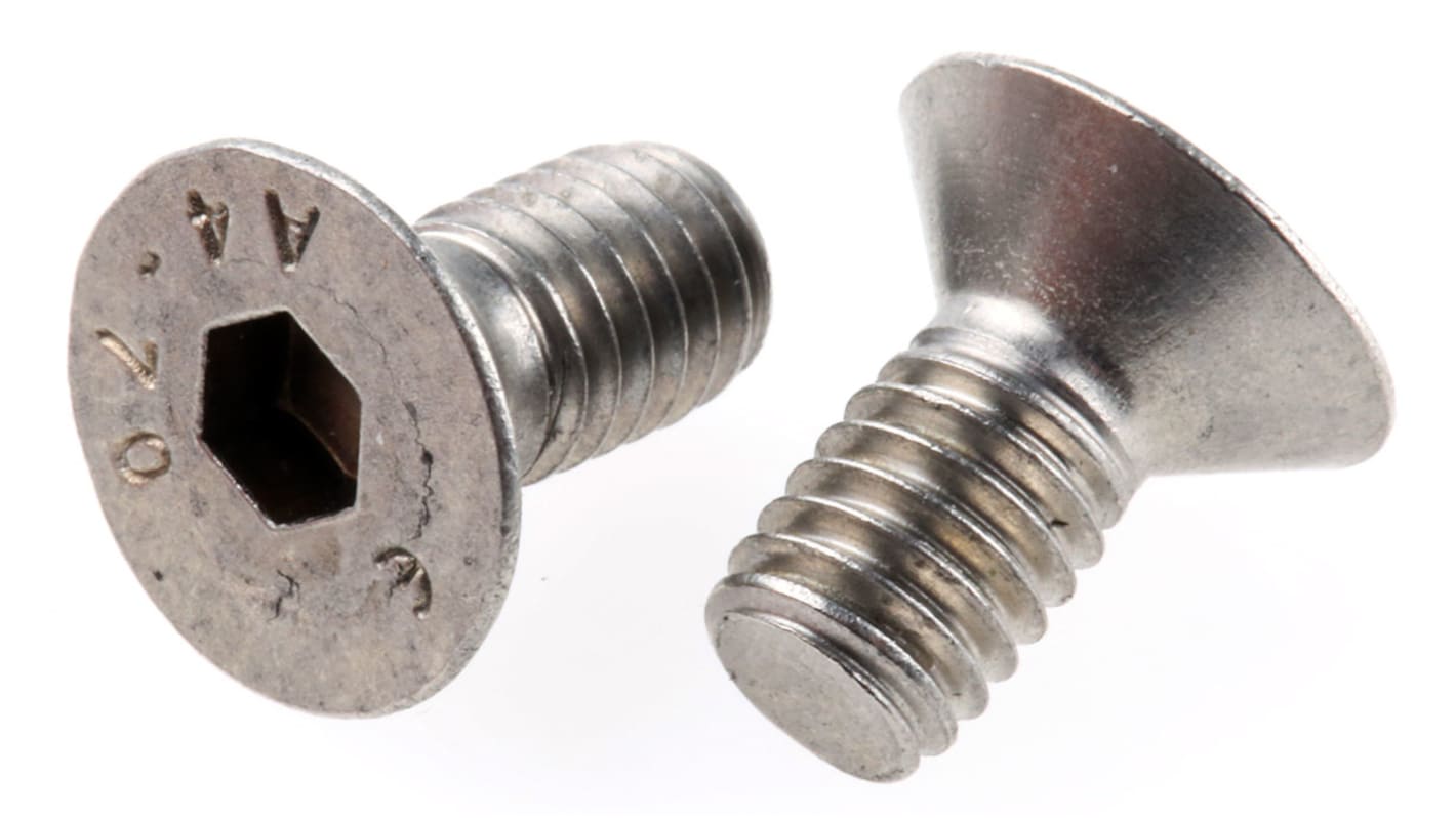 RS PRO Plain Stainless Steel Hex Socket Countersunk Screw, ISO 10642, M6 x 12mm