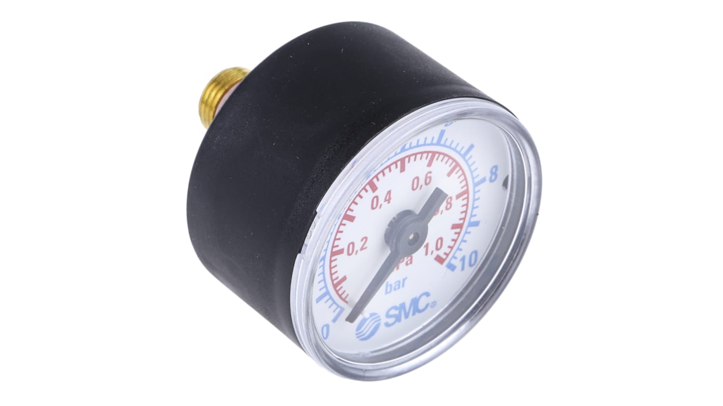 SMC Analogue Pressure Gauge 10bar Back Entry, K8-10-40, With RS Calibration, 0bar min.