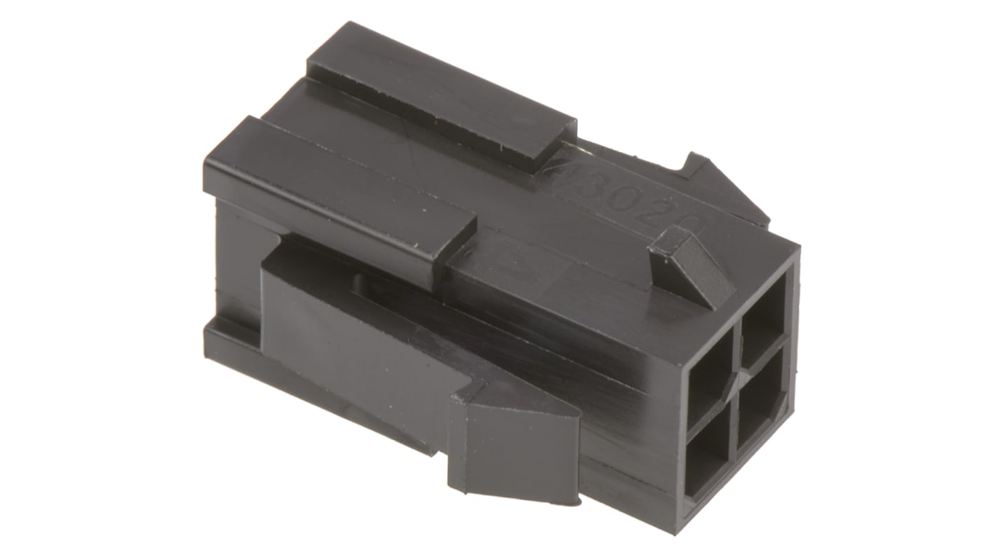 Carcasa de conector Molex 43020-0400, Serie Micro-Fit 3.0, paso: 3mm, 4 contactos, 2 filas, Recto, Macho, Montaje en