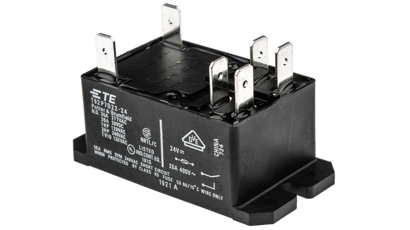 Relé de potencia sin enclavamiento TE Connectivity T92 de 2 polos, DPST, bobina 24V dc, 30A, Montaje por reborde