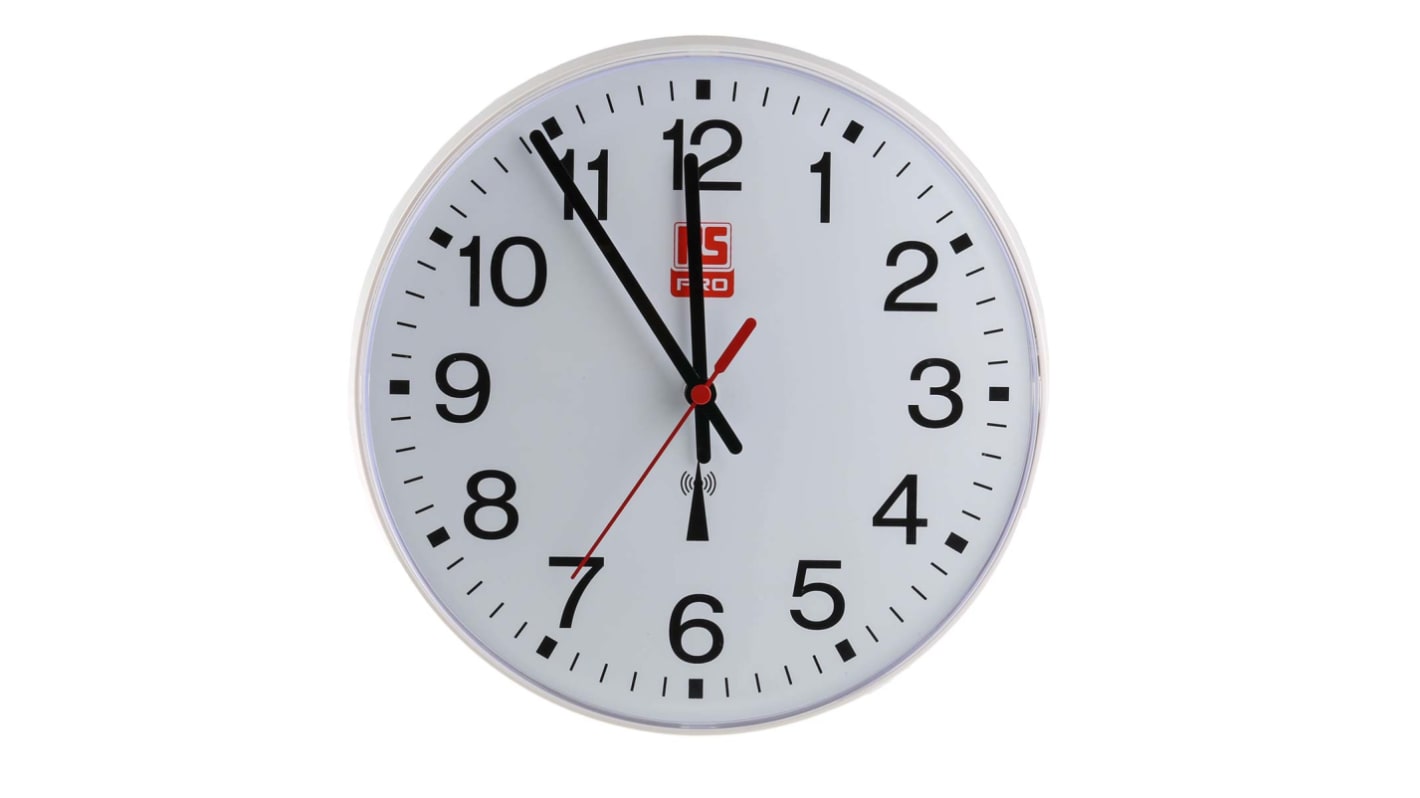 RS PRO White Radio Controlled Analog Wall Clock, 255mm Diameter