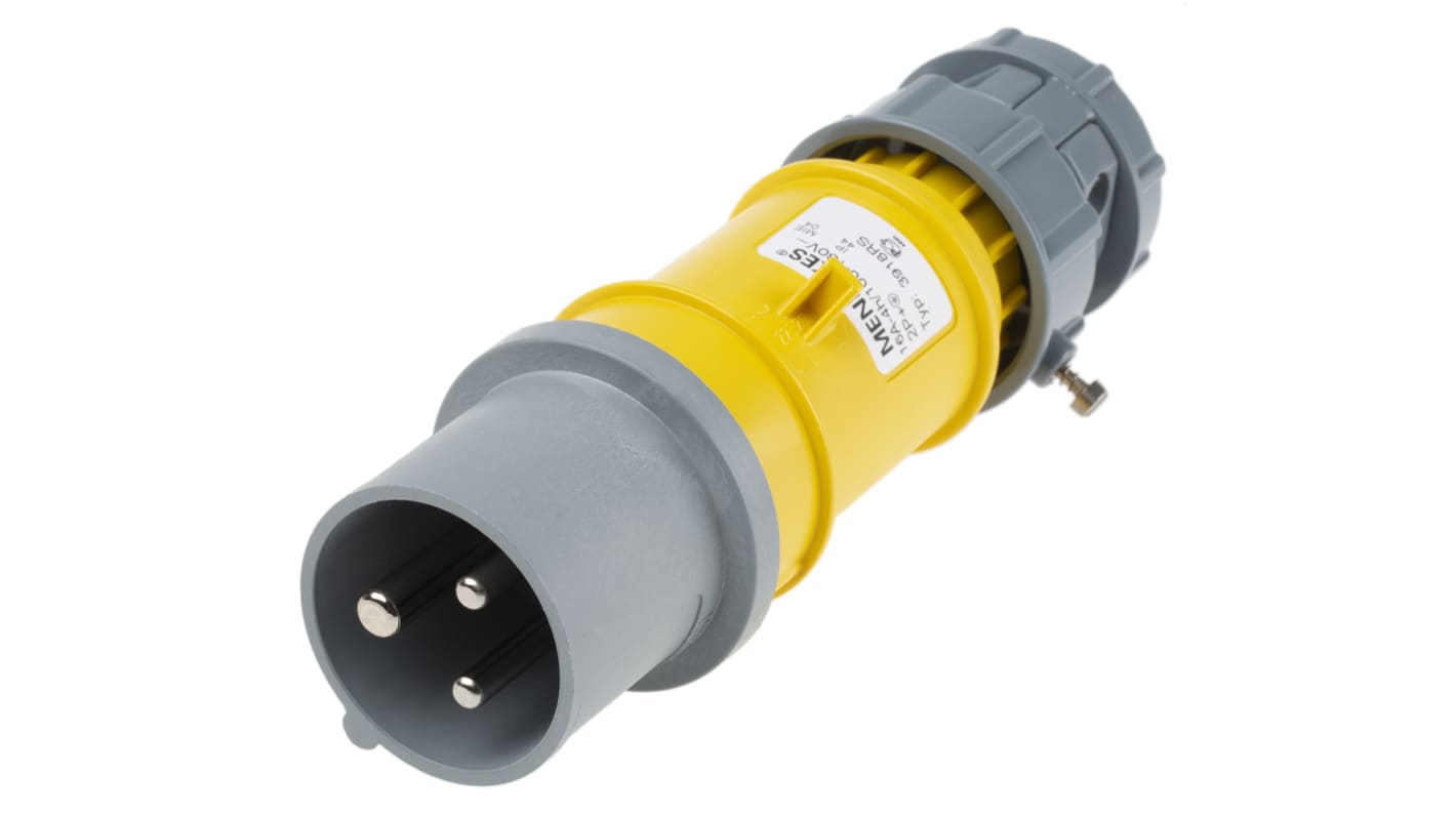 MENNEKES, PowerTOP IP44 Yellow Cable Mount 3P Industrial Power Plug, Rated At 16A, 110 V