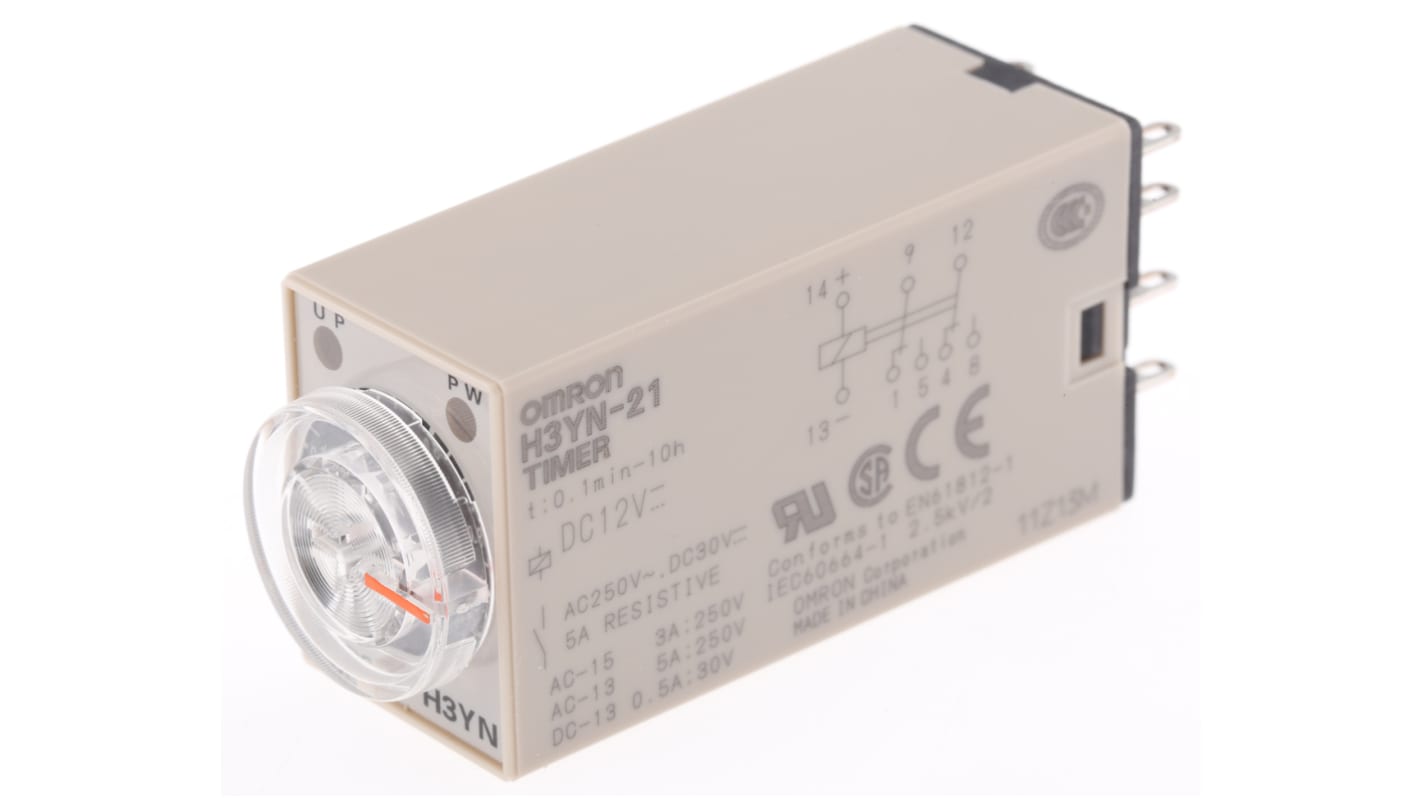 Omron H3YN Series DIN Rail, Panel Mount Timer Relay, 12V dc, 2-Contact, 0.1 min → 10h