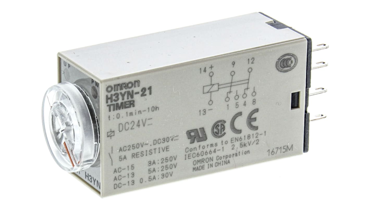 Omron H3YN Zeitrelais, DIN-Schiene, Tafelmontage, 0.1 min → 10h, 24V dc, 2 Kont. Multifunktion