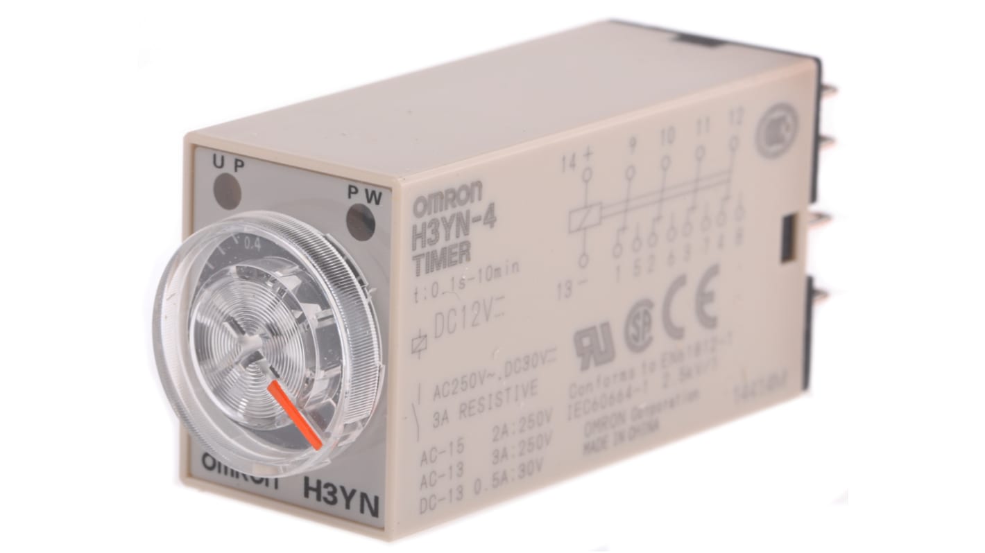 Relais temporisé Omron H3YN, 12V c.c., Rail DIN, montage panneau, 4 contacts