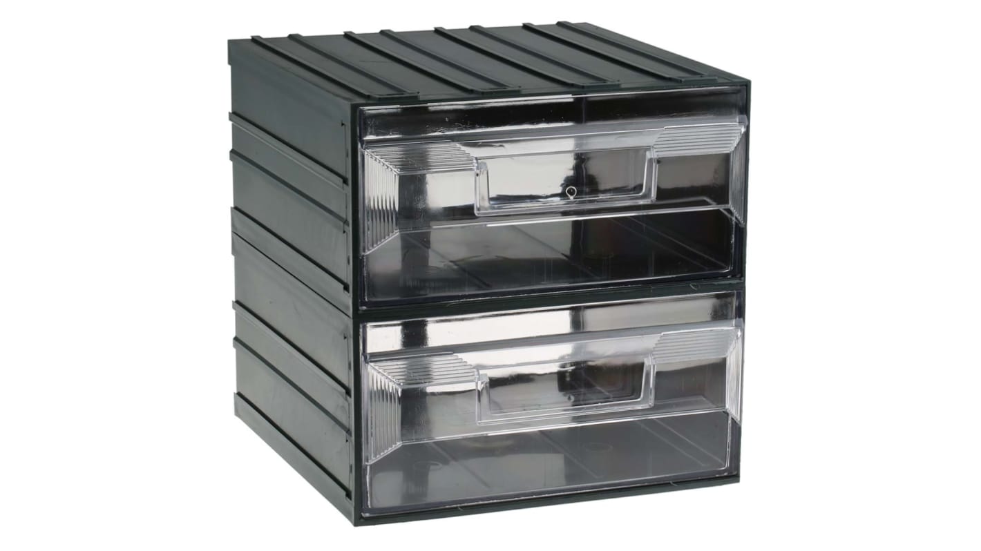 RS PRO 2 Drawer Storage Unit, Plastic, 208mm x 208mm x 222mm, Transparent