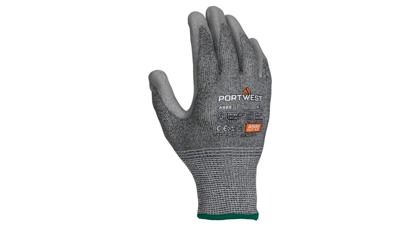 Portwest Grey Polyurethane Cut Resistant Gloves, Size L, Polyurethane Coating