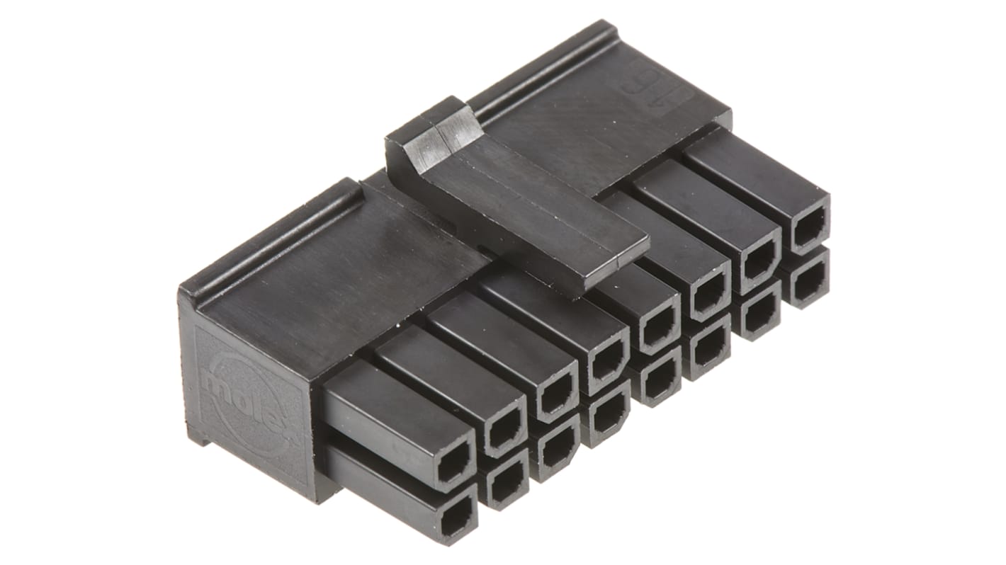Boitier de connecteur Femelle, 16 contacts sur 2 rangs, pas 3mm, Droit, Montage sur câble, série Micro-Fit 3.0
