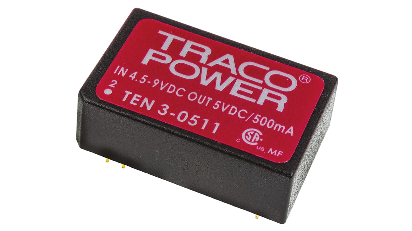 TRACOPOWER TEN 3 DC-DC Converter, 5V dc/ 500mA Output, 4.5 → 9 V dc Input, 3W, Through Hole, +85°C Max Temp