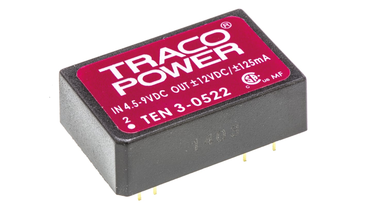 TRACOPOWER TEN 3 DC-DC Converter, ±12V dc/ ±125mA Output, 4.5 → 9 V dc Input, 3W, Through Hole, +85°C Max Temp