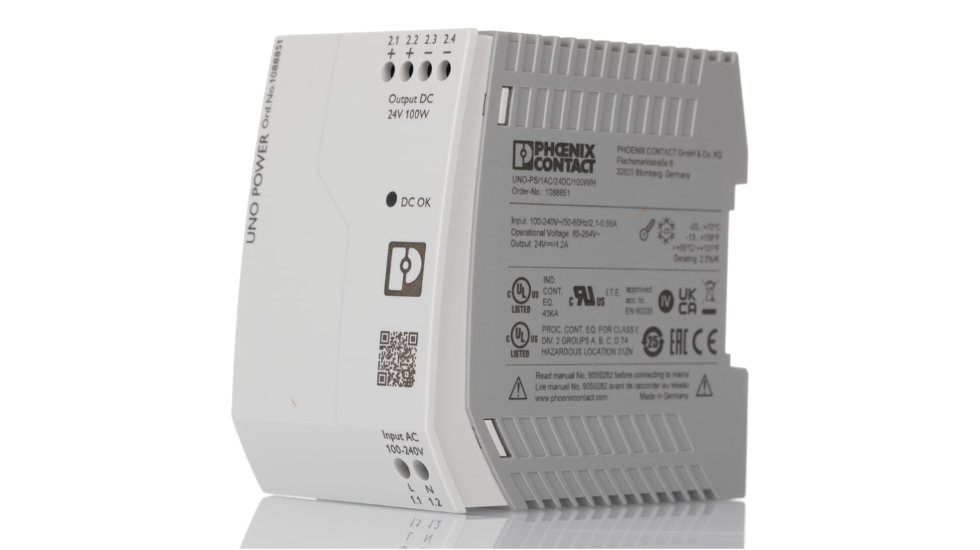 Phoenix Contact PSU, 1088851, 出力：4.2A, 定格：100W 入力電圧：ac 出力電圧：dc 24V dc/