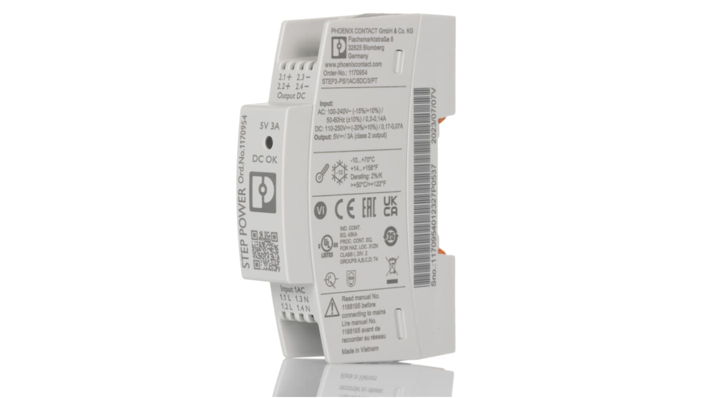 Fuente de alimentación montaje carril DIN Phoenix Contact STEP3-PS/1AC/5DC/3/PT 5V dc 3A 15W