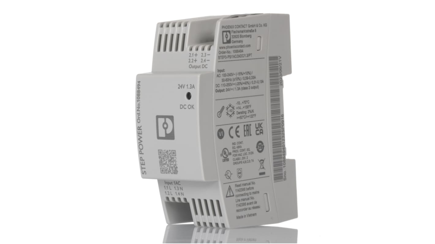 Phoenix Contact STEP POWER Switched Mode PSU, 100 → 240 V, 110 → 250 V ac Input, 24V dc dc Output, 1.3A