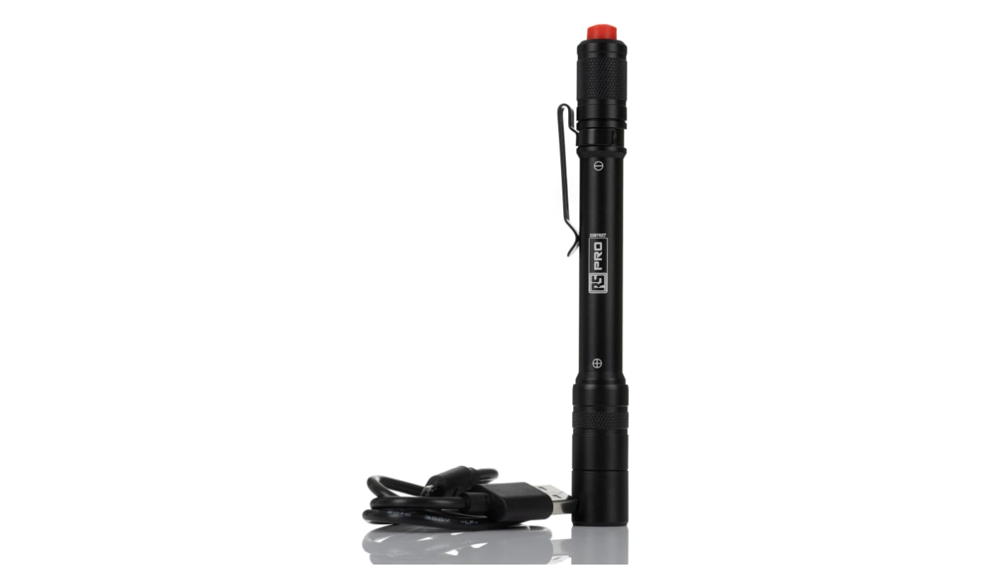 RS PRO Akku Stift-Taschenlampe LED Schwarz im Alu-Gehäuse , 375 lm, 152 mm