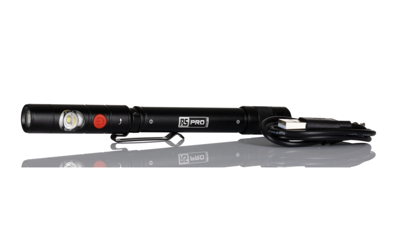 RS PRO LED Pen Torch Black - Rechargeable 375 lm, 160 mm | RS