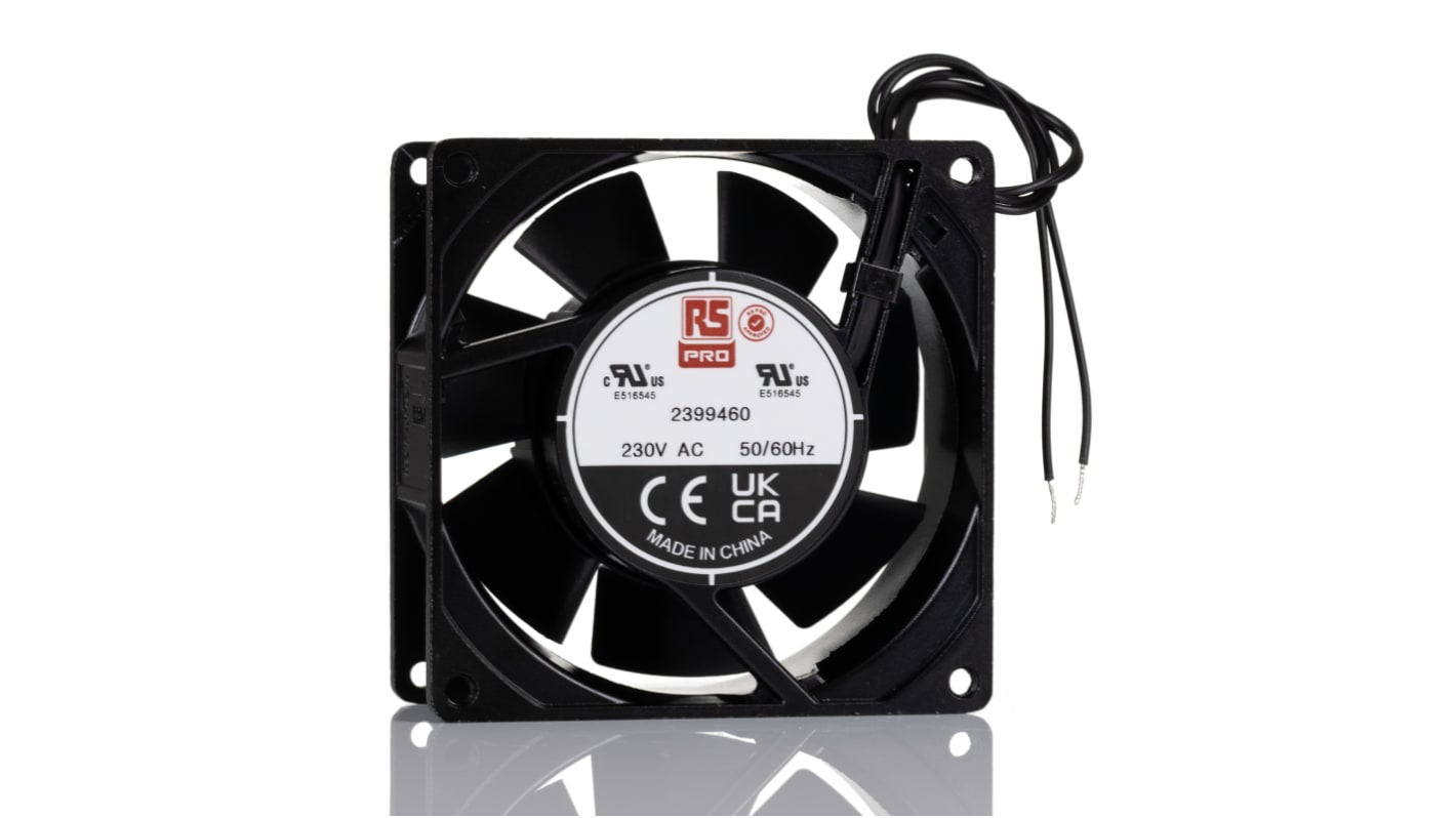 RS PRO Axial Fan, 230 V ac, AC Operation, 88.2cfm, 15.6W, 57mA Max, 92 x 92 x 38mm