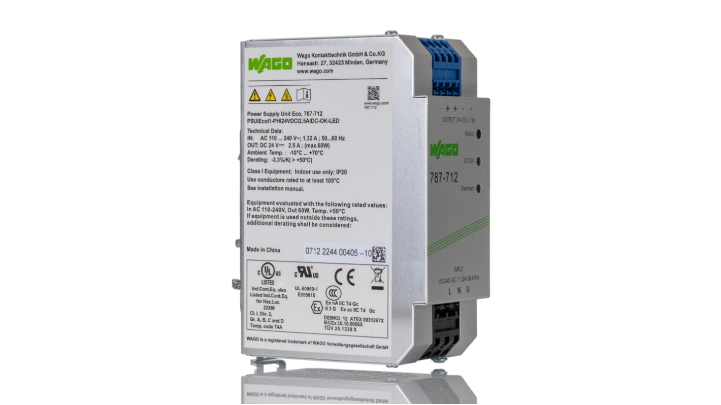 Wago 787 Switched Mode DIN Rail Power Supply, 85 → 264 V ac / 90 → 373V dc ac, dc Input, 24V dc dc