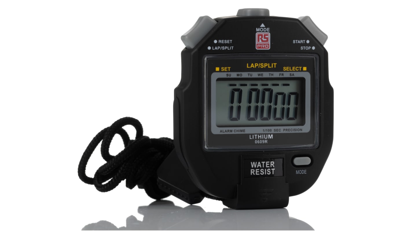RS PRO Digital Stoppuhr, Taschenstoppuhr, max. 23h 59min 59s, 1/100s,  Batteriebetrieben, , Schwarz, 77mm