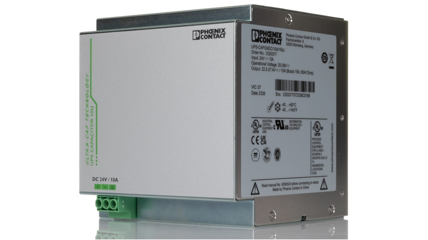 Phoenix Contact UPS-CAP/24DC/10A/10KJ Energy Storage Device DIN Rail Power Supply, 18 → 30V dc dc Input, 24V dc
