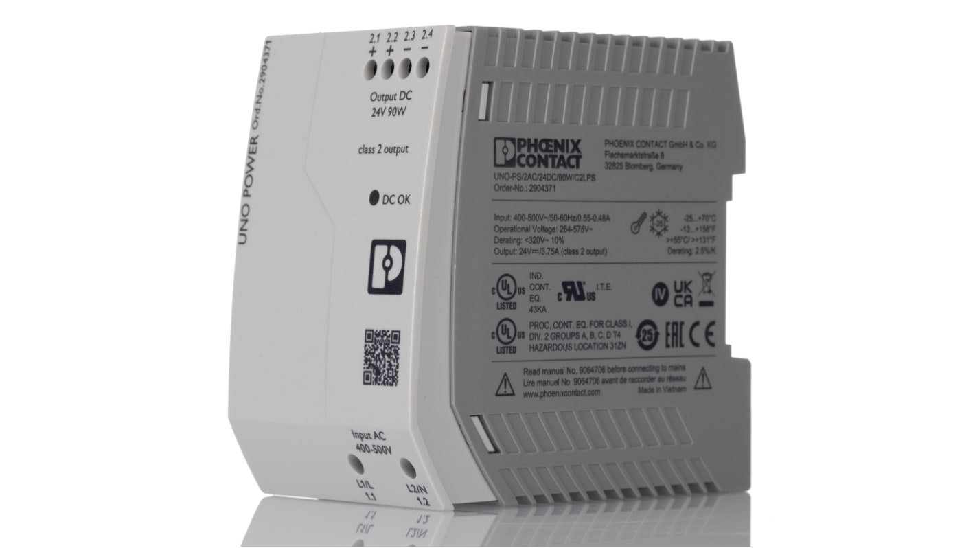 Phoenix Contact UNO-PS/2AC/24DC/90W/C2LPS 2-Phasen Getaktet DIN-Schienen Netzteil 90W, 575V ac, 24V dc / 3.75A