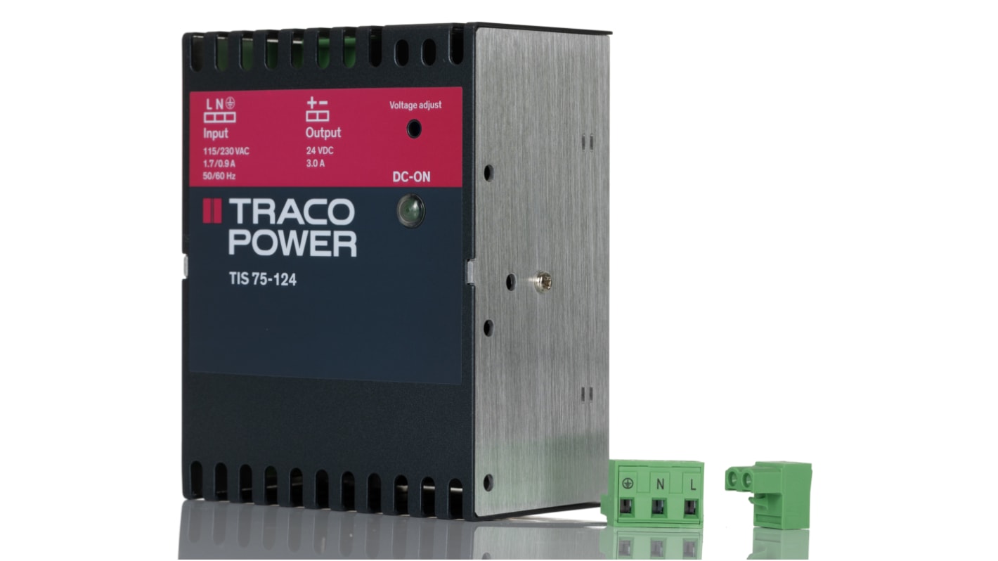 TRACOPOWER TIS Switched Mode DIN Rail Power Supply, 93 → 132 V ac, 187 → 264 V ac ac Input, 24V dc dc