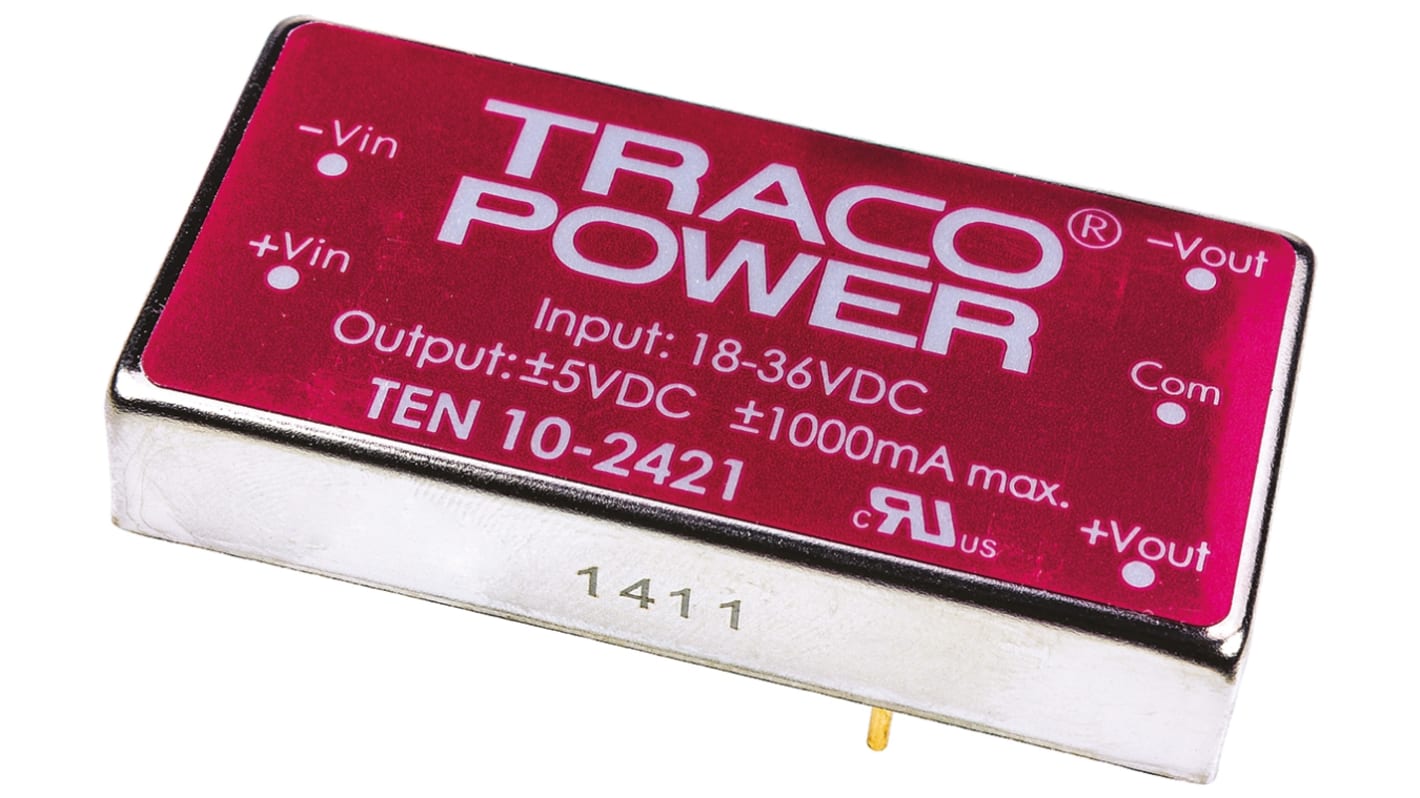 TRACOPOWER TEN 10 DC-DC Converter, ±5V dc/ ±1A Output, 18 → 36 V dc Input, 10W, Through Hole, +85°C Max Temp