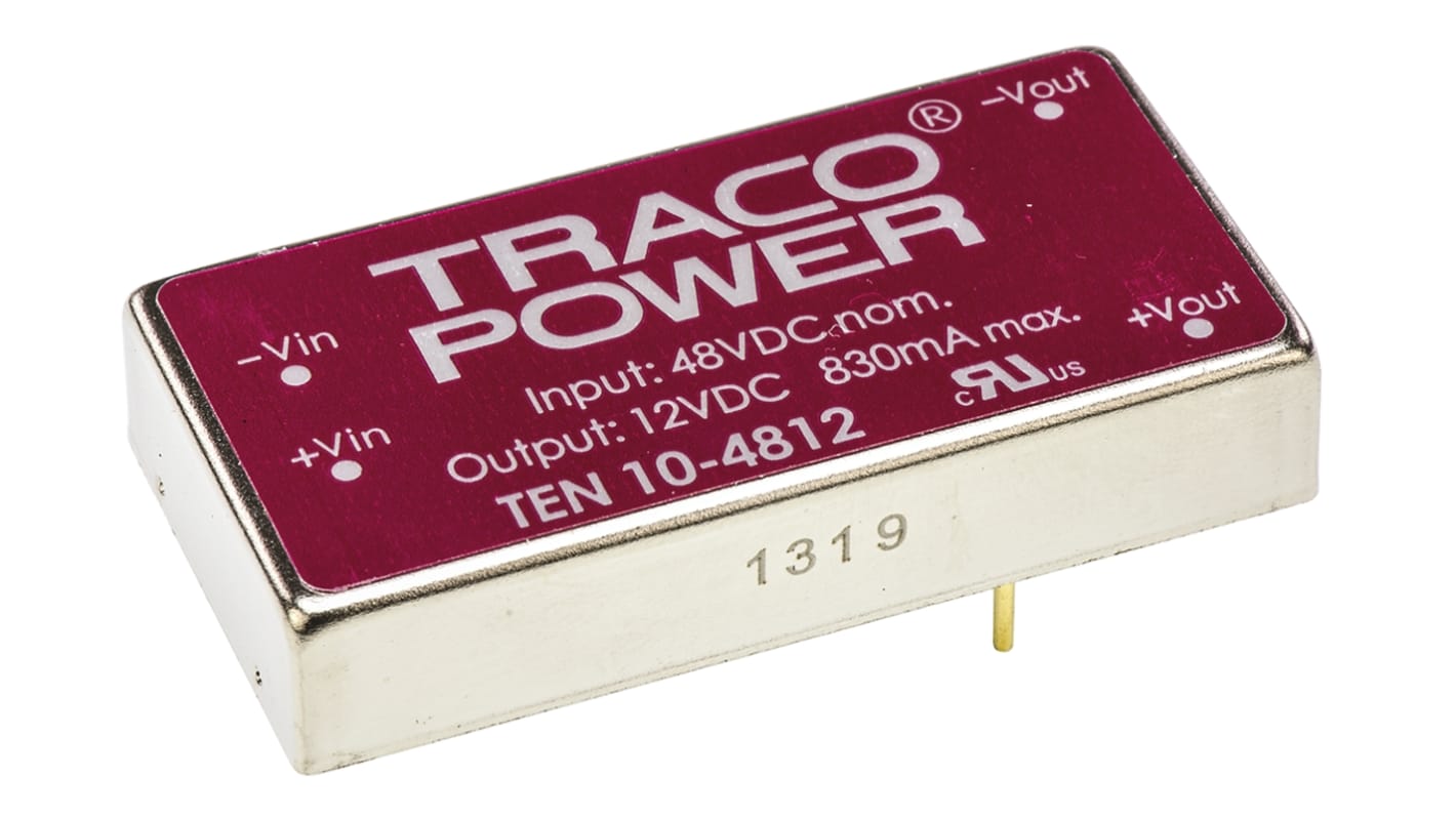 TRACOPOWER TEN 10 DC-DC Converter, 12V dc/ 830mA Output, 36 → 72 V dc Input, 10W, Through Hole, +85°C Max Temp