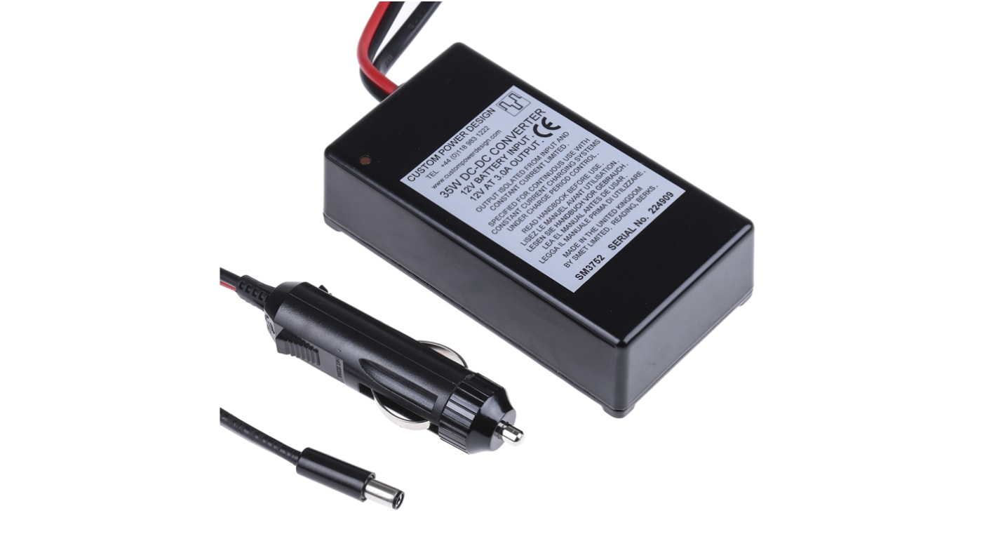 Custom Power Design Laptop Car Charger, 12V dc Input, 12V dc Output Plug In, 3A