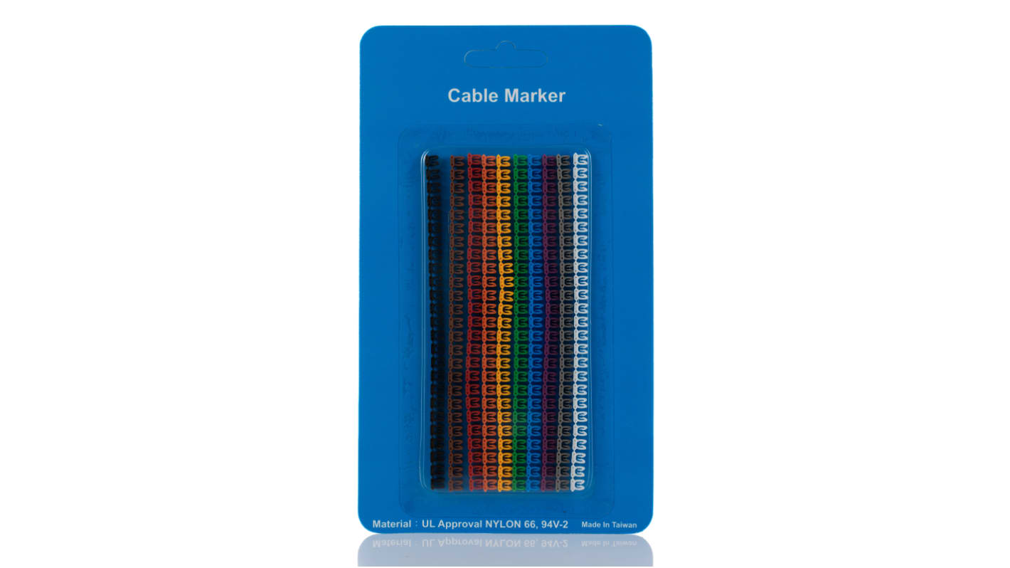 RS PRO Clip On Cable Markers, assorted colours, Pre-printed "0-9 - A-Z", 1.2-2mm Cable