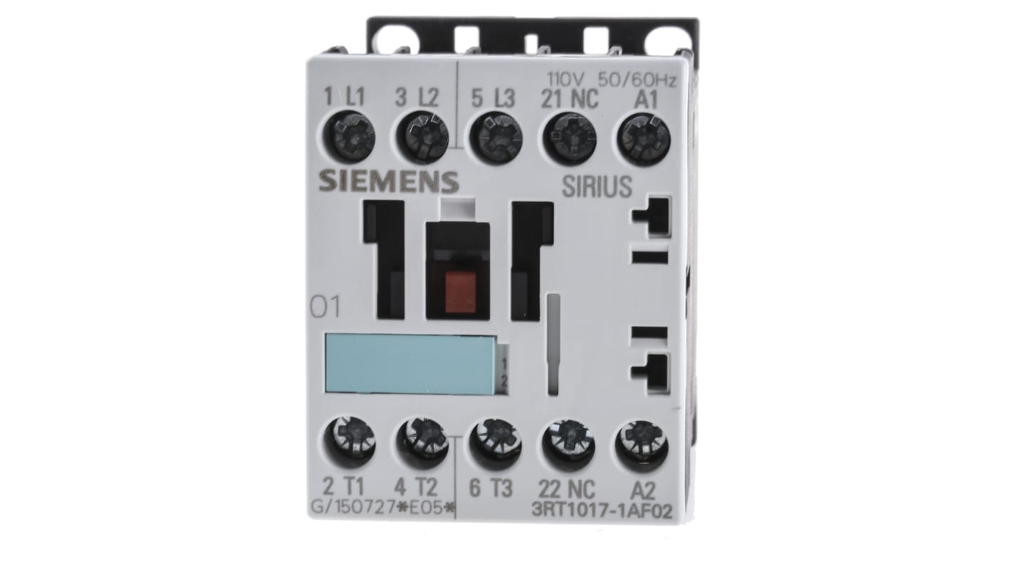 Siemens 3RT1 Series Contactor, 110 V ac Coil, 3-Pole, 12 A, 5.5 kW, 3NO, 400 V ac