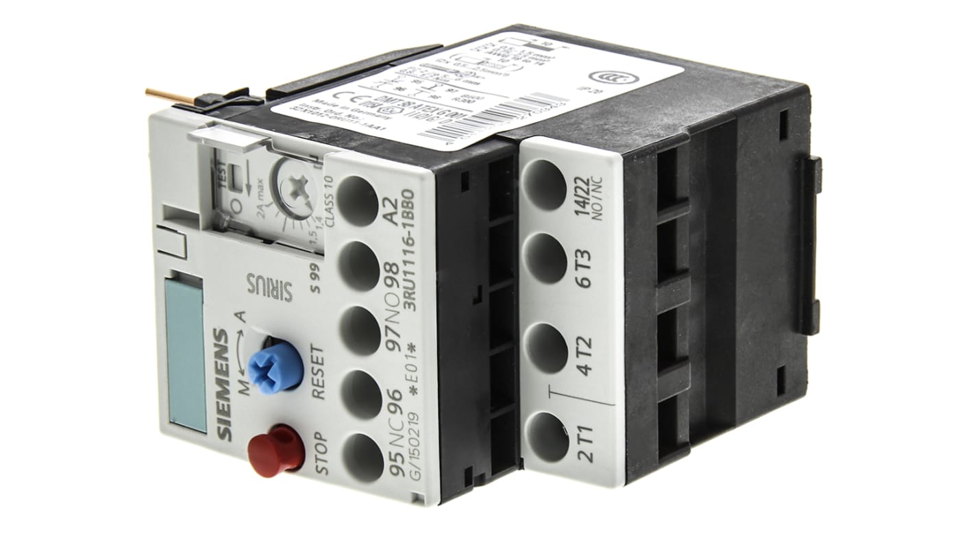 3RU11161BB0 Siemens Overload Relay 1NO + 1NC, 1.4 → 2 A F.L.C, 2 A