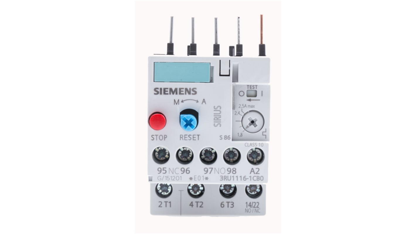 3RU11161CB0 Siemens 3RU Overload Relay NO/NC, 1.8 → 2.5 A F.L.C, 2.5