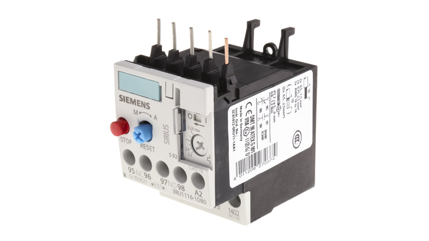 Siemens 3RU Overload Relay NO/NC, 2.2 → 3.2 A F.L.C, 3.2 A Contact Rating, 1.1 kW, 3P, Sirius Classic