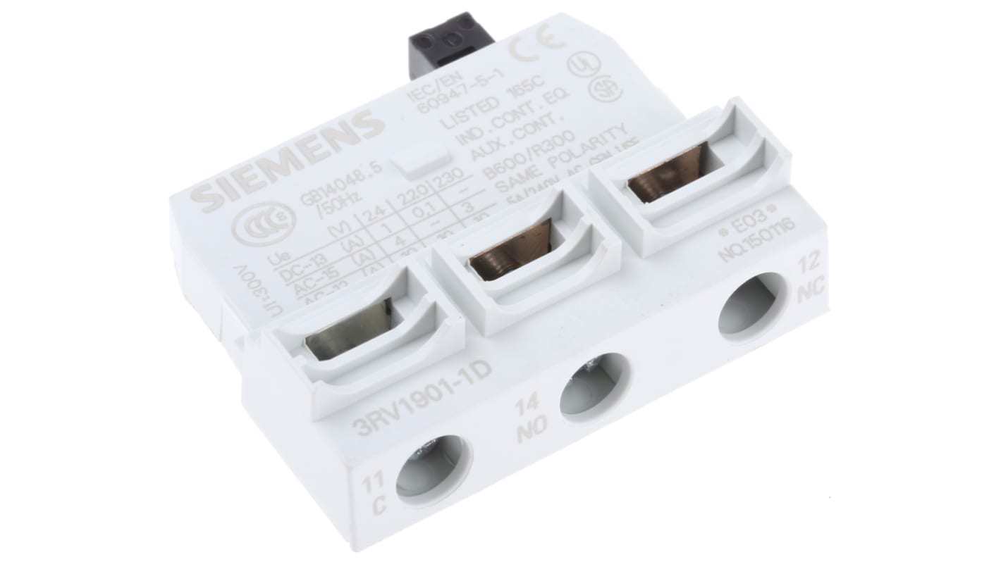 Siemens 3RV1 Hilfskontakt 1-polig Sirius Classic, Schließer/Öffner Frontmontage mit Schraubanschluss Anschluss 2 A, 24