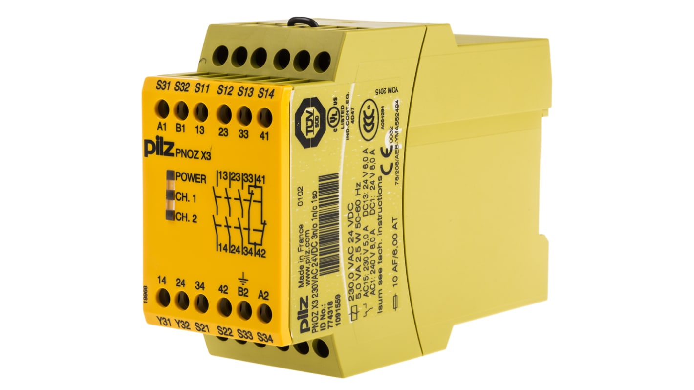 Pilz 24 V dc, 230V ac Sikkerhedsrelæ, 2 kanal(er), 3 sikkerhedskontakter