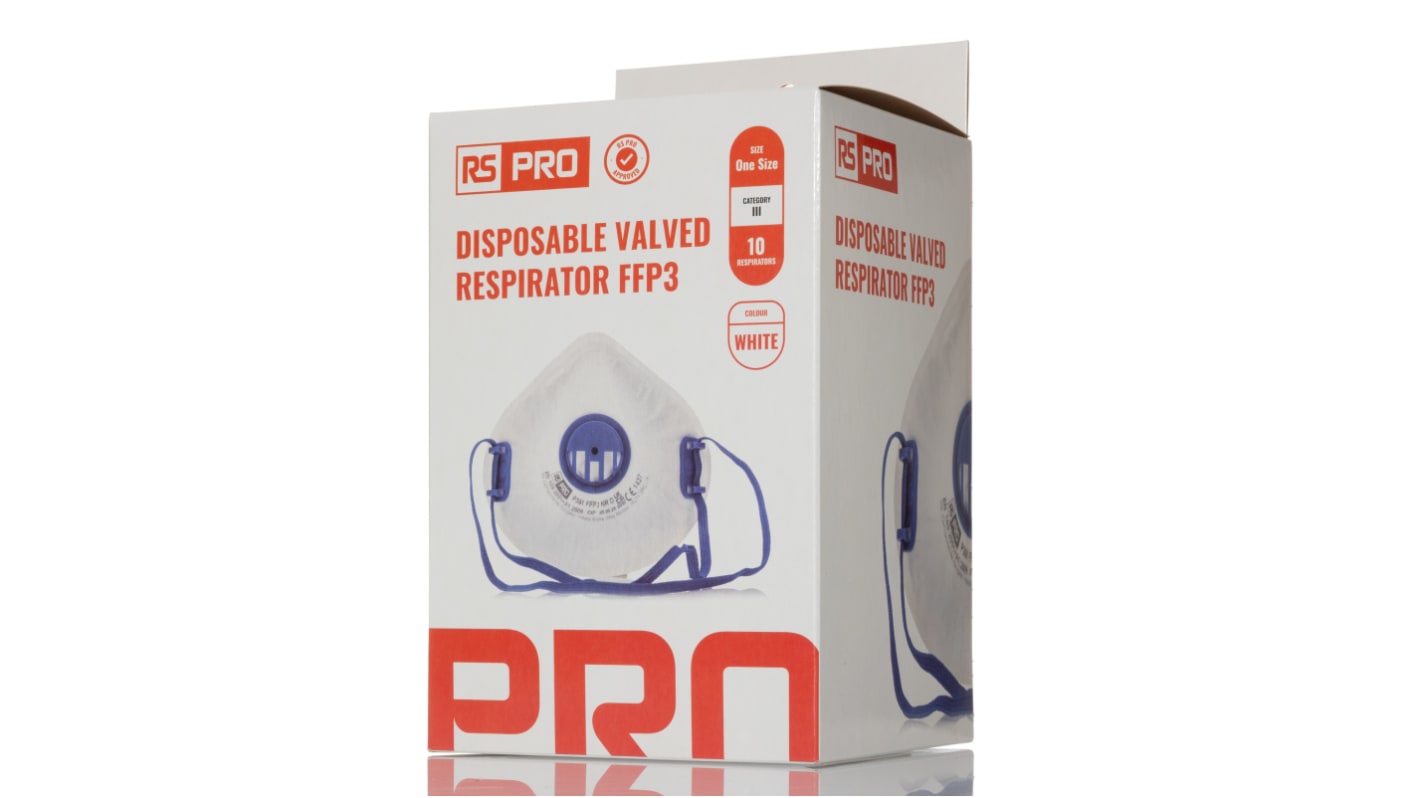 RS PRO Disposable Respirator for General Purpose Protection, FFP3, Valved, Moulded, 10 per Package