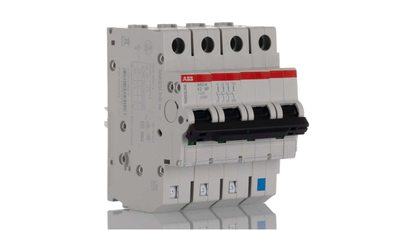 ABB SMISSLINE TP MCB, 4P, 2A Curve K, 415V AC, 12V DC, 10 kA Breaking Capacity