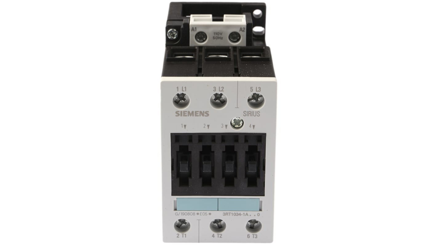 Siemens 3RT1 Series Contactor, 110 V ac Coil, 3-Pole, 32 A, 15 kW, 3NO, 400 V ac