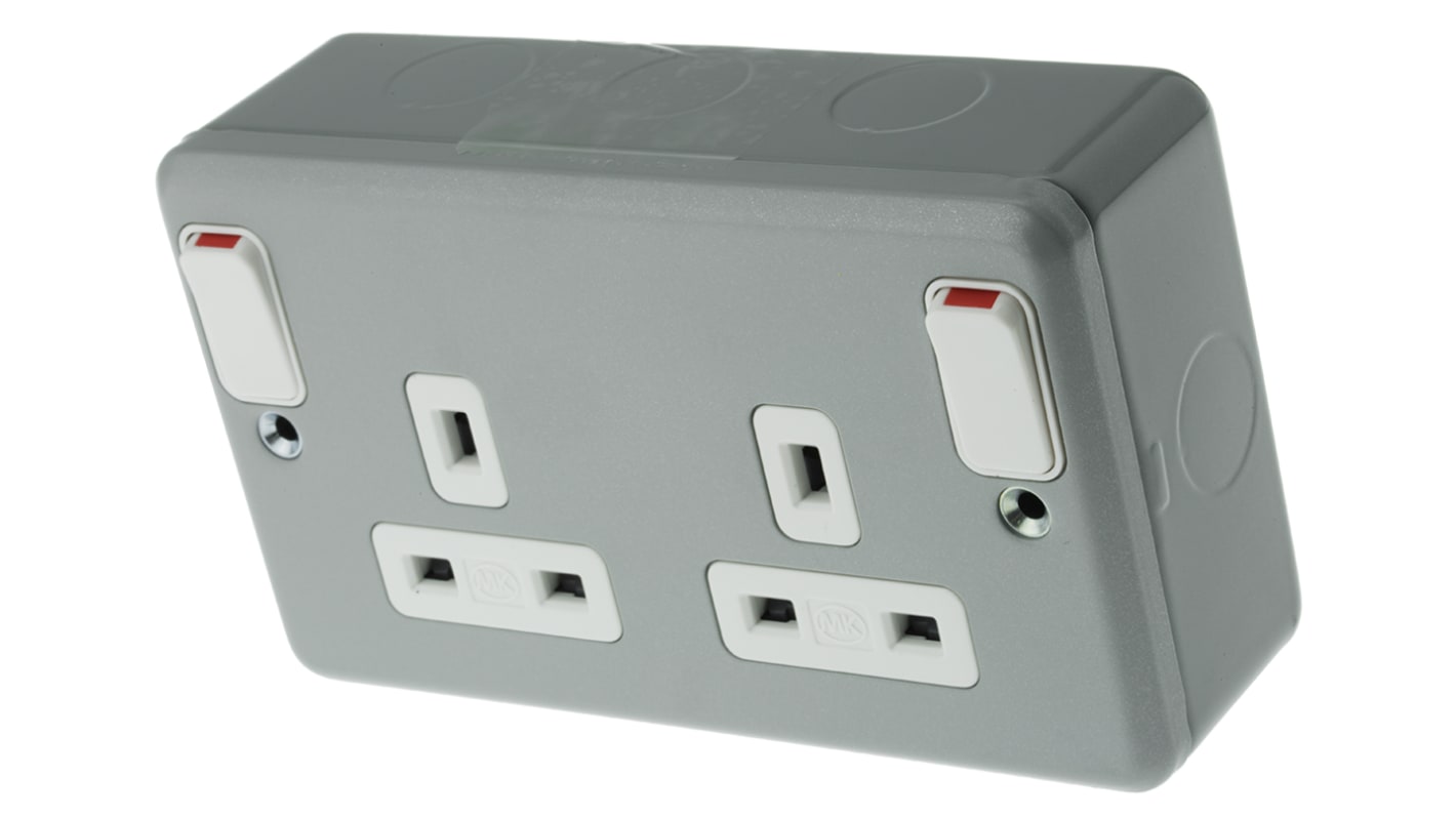 Presa elettrica, MK Electric K2945 ALM, 13A, 2 moduli, IP2XD, presa Tipo G - inglese, Grigio In interni, Montaggio