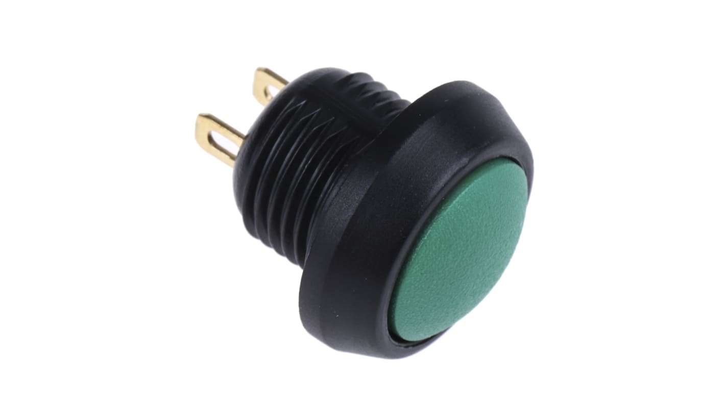 Interruptor de Botón Pulsador En Miniatura ITW Switches 59, color de botón Verde, SPST, acción momentánea, 400 mA a 32