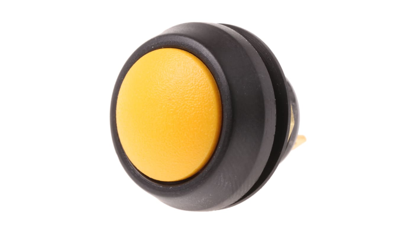 Interruptor de Botón Pulsador En Miniatura ITW Switches 59, color de botón Amarillo, SPST, acción momentánea, 400 mA a