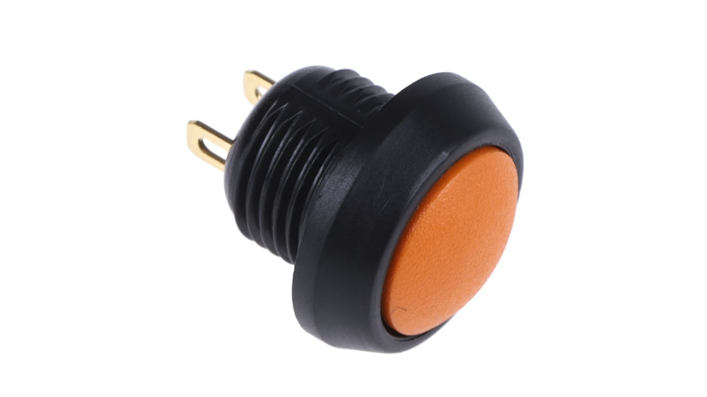 Interruptor de Botón Pulsador En Miniatura ITW Switches 59, color de botón Orange, SPST, acción momentánea, 400 mA a 32