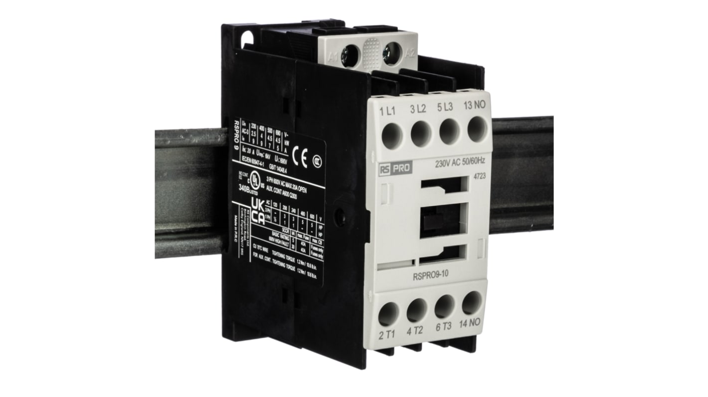 RS PRO RSPRO9-10 Contactor, 230 V Coil, 3-Pole, 9 A, 4 kW, 1NO