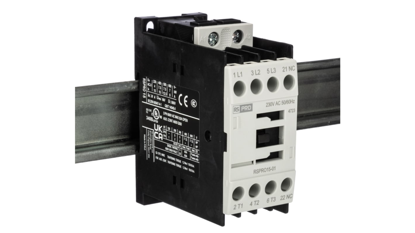 RS PRO RSPRO15-01 Contactor, 230 V Coil, 3-Pole, 15 A, 7.5 kW, 1NC