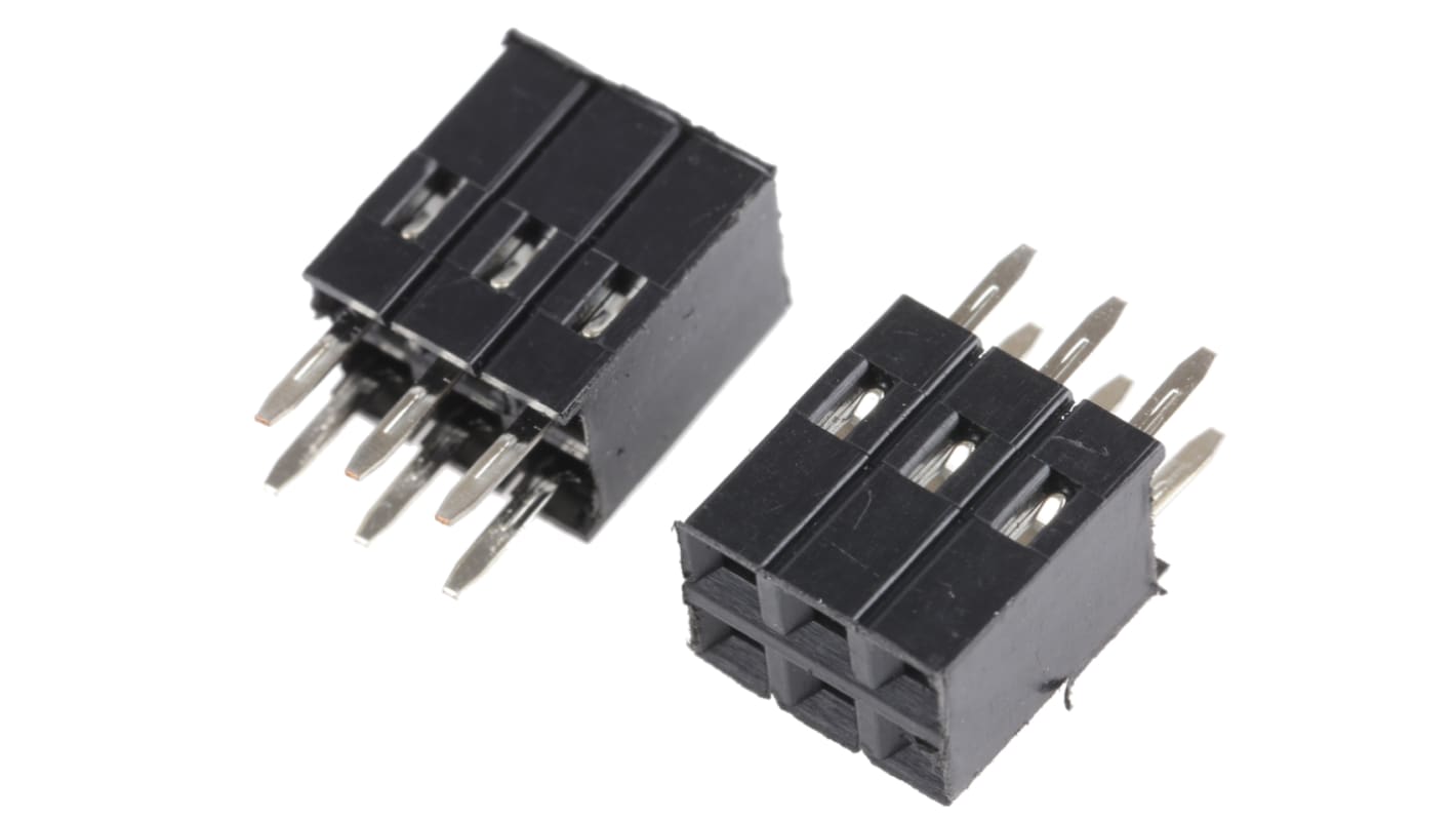 Conector hembra para PCB RS PRO, de 6 vías en 2 filas, paso 2.54mm, 12A, Montaje en orificio pasante, para soldar