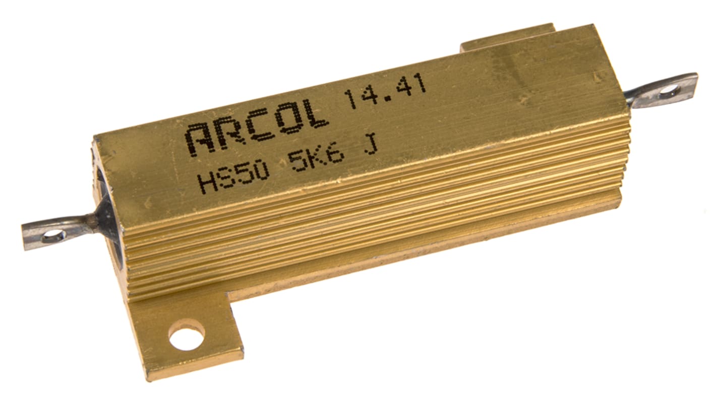 Resistencia de montaje en panel Arcol, 5.6kΩ ±5% 50W, Con carcasa de aluminio, Axial, Bobinado