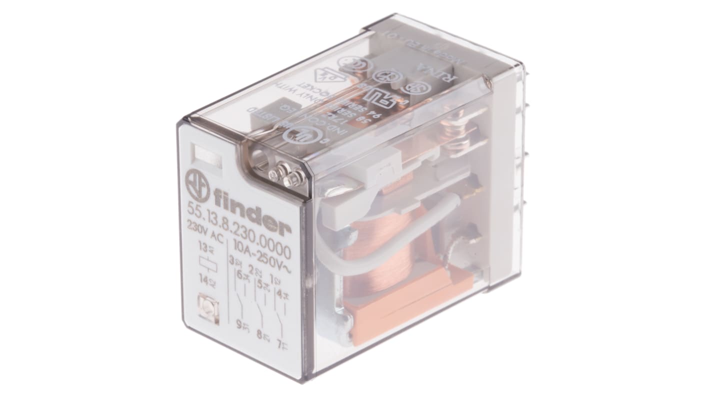 55.13.8.230.0000 Finder PCB Mount Power Relay, 230V ac Coil, 10A